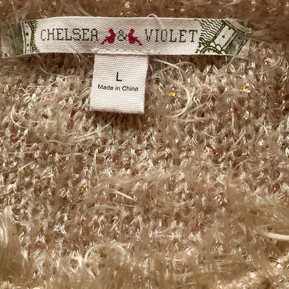 Chelsea & Violet Fuzzy Sweater Taupe Gold Crew Neck Sequin Pullover Women Large - Picture 8 of 10